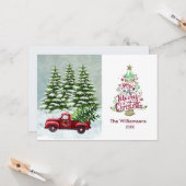 Vrolijk Kerstmis Rode Vrachtwagen Sneeuwscène Kers Kaart (Voorkant / Achterkant in situ)