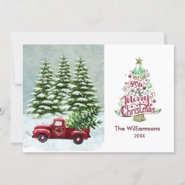 Vrolijk Kerstmis Rode Vrachtwagen Sneeuwscène Kers Kaart