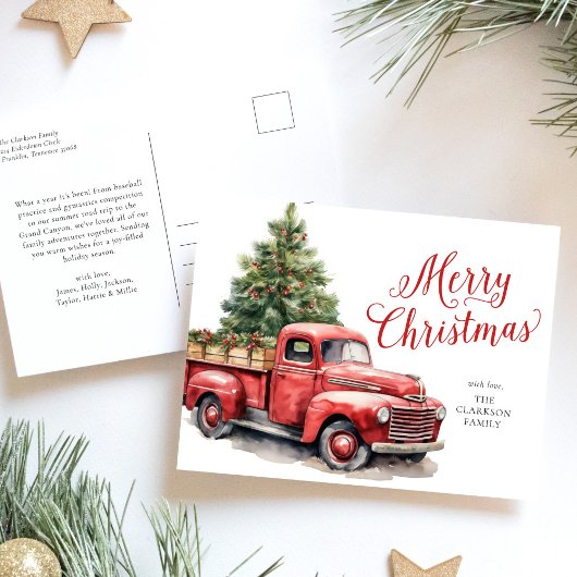 Vrolijk Kerstmis  Rode Vrachtwagen Waterverf Feestdagenkaart