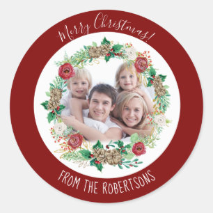 Vrolijk Kerstmis Rode Waterverf krans Familie Foto Ronde Sticker