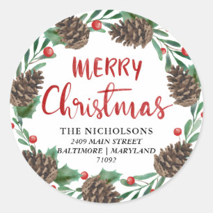 Vrolijk Kerstmis Rode Waterverf Pinecones Adres Ronde Sticker