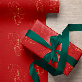 Vrolijk Kerstmis rood en goud elegant script Cadeaupapier