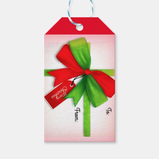 Vrolijk Kerstmis Rood en Groen Gift Met Boog Cadeaulabel (Voorkant)