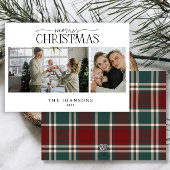 Vrolijk Kerstmis Rood en Groen Plaid 2 Foto Feestdagenkaart