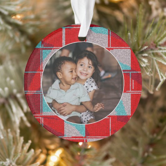 Vrolijk Kerstmis Rood gebreid Familie Foto Ornament (Boom)