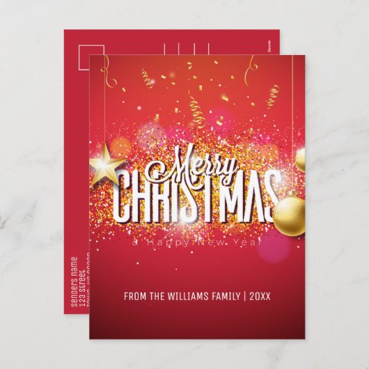 Vrolijk Kerstmis Rood Goud Glitter Star Moderne Fo Feestdagenkaart (Voorkant / Achterkant)