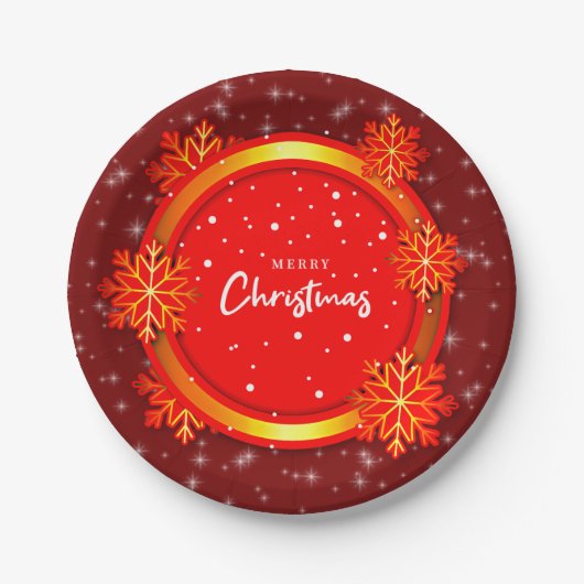 Vrolijk Kerstmis Rood Goud Sneeuwvlokken 7" Papieren Bordje (Voorkant)