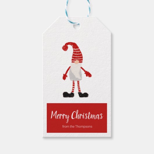 Vrolijk Kerstmis Rood Grijs Gnome Nordic Stripe Cadeaulabel (Voorkant)