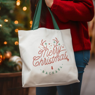 Vrolijk Kerstmis Rood Groen Gepersonaliseerd Rendi Tote Bag