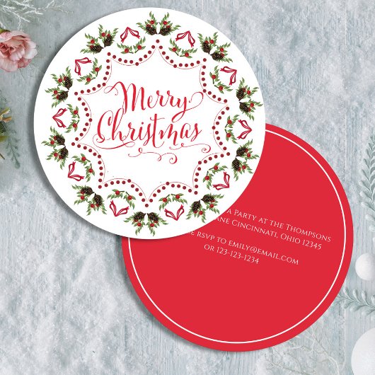 Vrolijk Kerstmis Rood Groen Pinecone Krans Cirkel Kaart