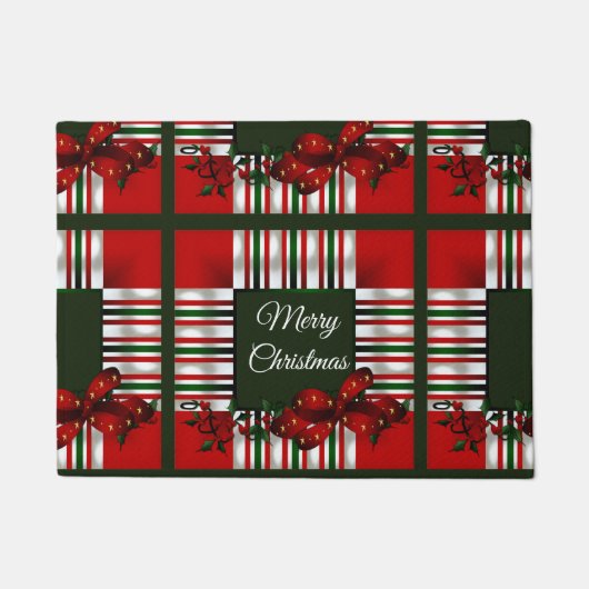 Vrolijk Kerstmis Rood Groen Plaid Deurmat (Voorkant)