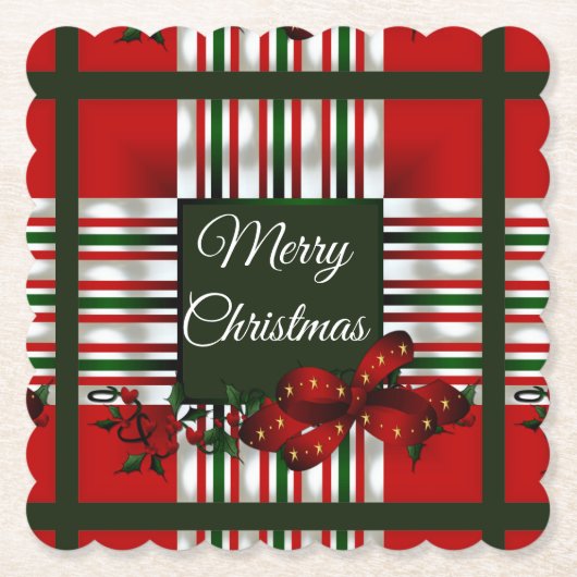 Vrolijk Kerstmis Rood Groen Plaid Kartonnen Onderzetters (Voorkant)