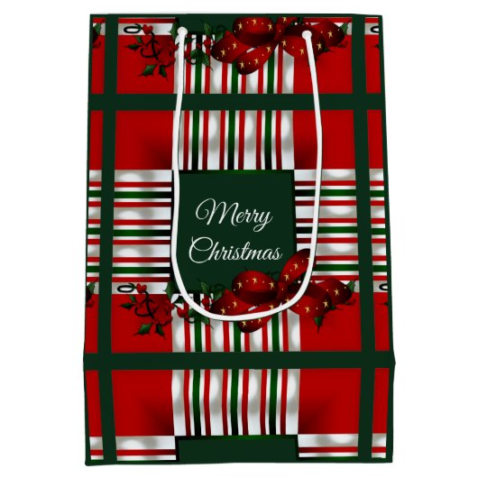 Vrolijk Kerstmis Rood Groen Plaid Medium Cadeauzakje (Achterkant)