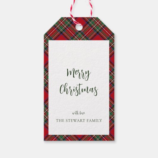 Vrolijk Kerstmis Rood Groen Plaid Stewart Tartan Cadeaulabel (Voorkant)