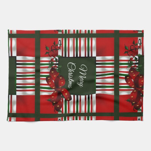 Vrolijk Kerstmis Rood Groen Plaid Theedoek (Horizontaal)