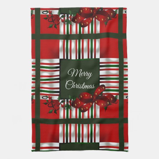 Vrolijk Kerstmis Rood Groen Plaid Theedoek (Verticaal)