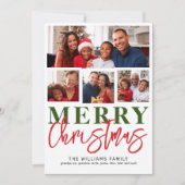 Vrolijk Kerstmis Rood Groen Script 4 Familie Foto Feestdagenkaart (Voorkant)