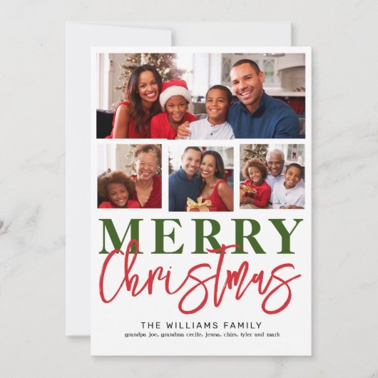Vrolijk Kerstmis Rood Groen Script 4 Familie Foto Feestdagenkaart (Voorkant)