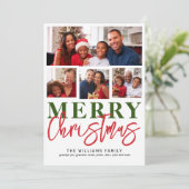 Vrolijk Kerstmis Rood Groen Script 4 Familie Foto Feestdagenkaart (Staand voorkant)