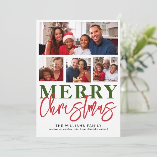 Vrolijk Kerstmis Rood Groen Script 4 Familie Foto Feestdagenkaart (Staand voorkant)