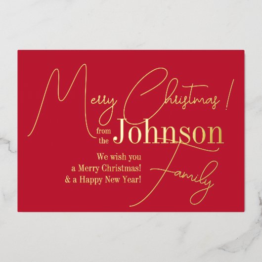 Vrolijk Kerstmis Rood Modern Echt Goud Folie Feestdagenkaart (Voorkant)