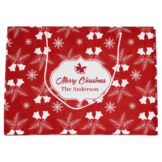 Vrolijk Kerstmis Rood Patroon Kerstbel Groot Cadeauzakje (Voorkant)