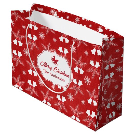 Vrolijk Kerstmis Rood Patroon Kerstbel Groot Cadeauzakje (Achterkant Gekanteld)