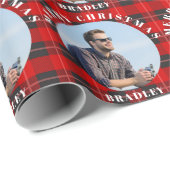 Vrolijk Kerstmis Rood Plaid Gepersonaliseerde Foto Cadeaupapier (Rol Hoek)