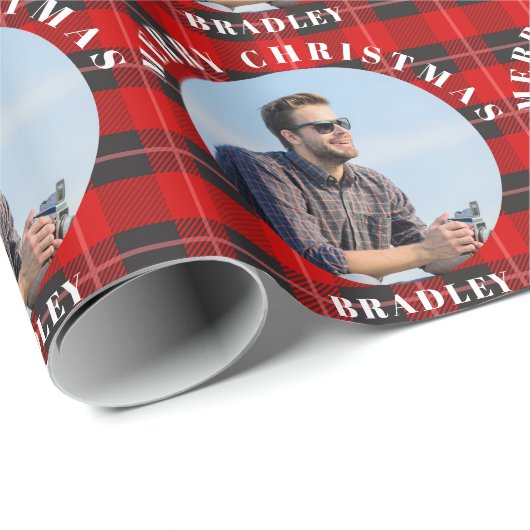 Vrolijk Kerstmis Rood Plaid Gepersonaliseerde Foto Cadeaupapier (Rol Hoek)