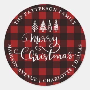 Vrolijk Kerstmis Rood Plaid Patroon Retouradres Ronde Sticker