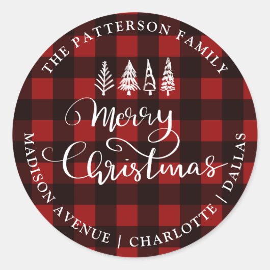 Vrolijk Kerstmis Rood Plaid Patroon Retouradres Ronde Sticker (Voorkant)