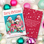 Vrolijk kerstmis rood  retro eenvoudige foto feestdagenkaart<br><div class="desc">stijlvolle vrolijke kerst rood  retro vakantie fotokaart twee zijdige kaart,  op de achterkant vakantie bericht met sneeuwvlokken</div>