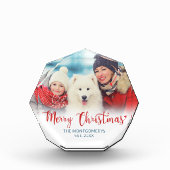 Vrolijk Kerstmis Rood Script Familie Hond Fotoblok (Voorkant)