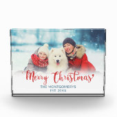 Vrolijk Kerstmis Rood Script Familie Hond Fotoblok (Voorkant)