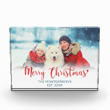 Vrolijk Kerstmis Rood Script Familie Hond Fotoblok