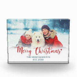 Vrolijk Kerstmis Rood Script Familie Hond Fotoblok