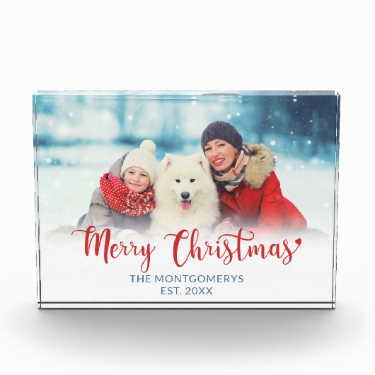 Vrolijk Kerstmis Rood Script Familie Hond Fotoblok (Voorkant)
