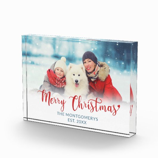 Vrolijk Kerstmis Rood Script Familie Hond Fotoblok (Rechts)