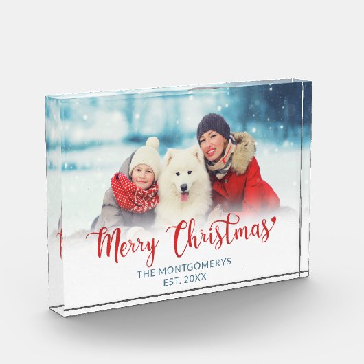 Vrolijk Kerstmis Rood Script Familie Hond Fotoblok (Links)