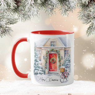 Vrolijk Kerstmis Rood Sneeuwrijk Cottage Koffie Mok