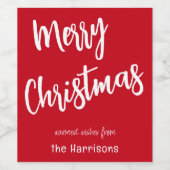 Vrolijk Kerstmis Rood & Wit Script & Naam Set van  Wijn Etiket (Enkel label)