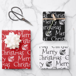Vrolijk Kerstmis rood wit zwart maretak schattig Inpakpapier Vel