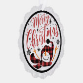 Vrolijk Kerstmis Rood Zwart Buffel Plaid Sneeuwman Ornament Kaart (Rechts)
