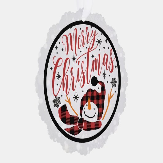 Vrolijk Kerstmis Rood Zwart Buffel Plaid Sneeuwman Ornament Kaart (Rechts)