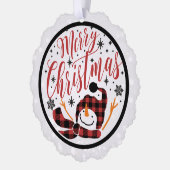 Vrolijk Kerstmis Rood Zwart Buffel Plaid Sneeuwman Ornament Kaart (Links)