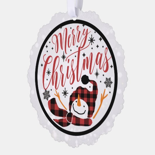 Vrolijk Kerstmis Rood Zwart Buffel Plaid Sneeuwman Ornament Kaart (Links)