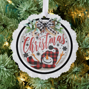 Vrolijk Kerstmis Rood Zwart Buffel Plaid Sneeuwman Ornament Kaart