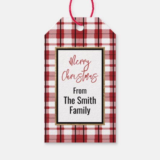 Vrolijk Kerstmis Rood Zwart Wit Plaid Minimaal Cadeaulabel (Voorkant)