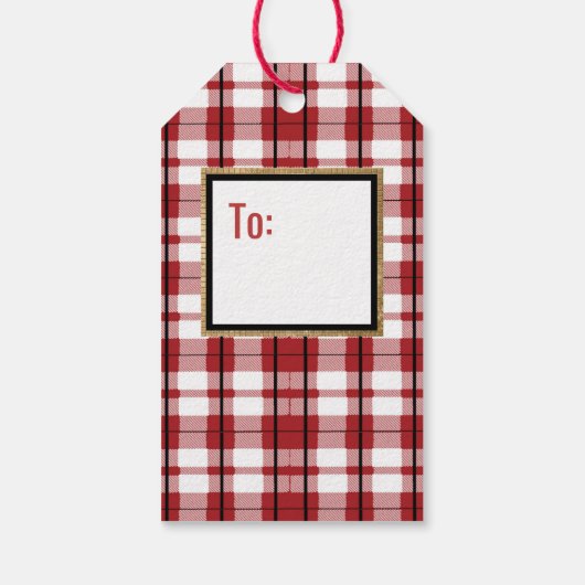 Vrolijk Kerstmis Rood Zwart Wit Plaid Minimaal Cadeaulabel (Achterkant)