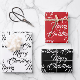 Vrolijk Kerstmis rood zwart wit script elegant Inpakpapier Vel
